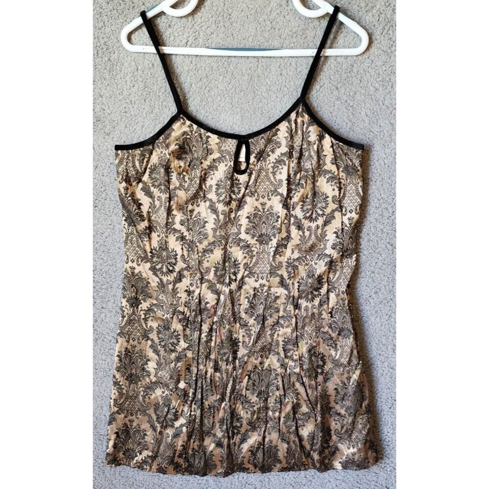VTG Sophia By Delicates Slip Dress Gold Damask Print Velvet Trim Sz Medium